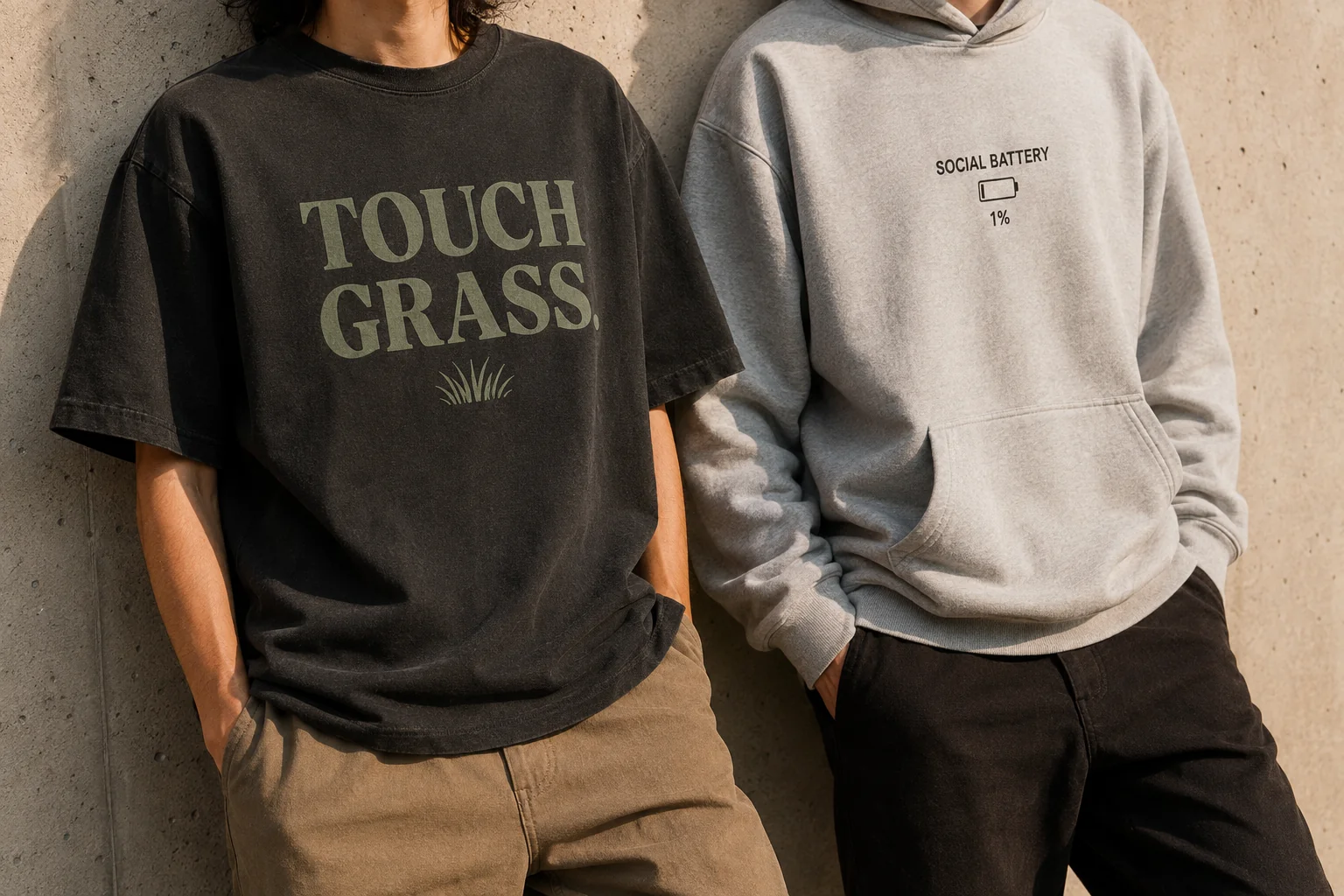 Concept campaign: a black Touch Grass tee and an ash Social Battery hoodie worn in warm afternoon light